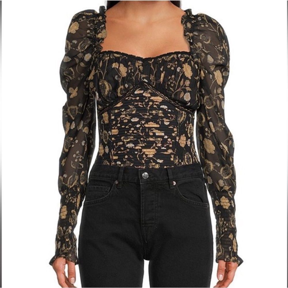Free People Intinately Brunch Date Floral Long Sleeve Bodysuit Black Combo SZ M